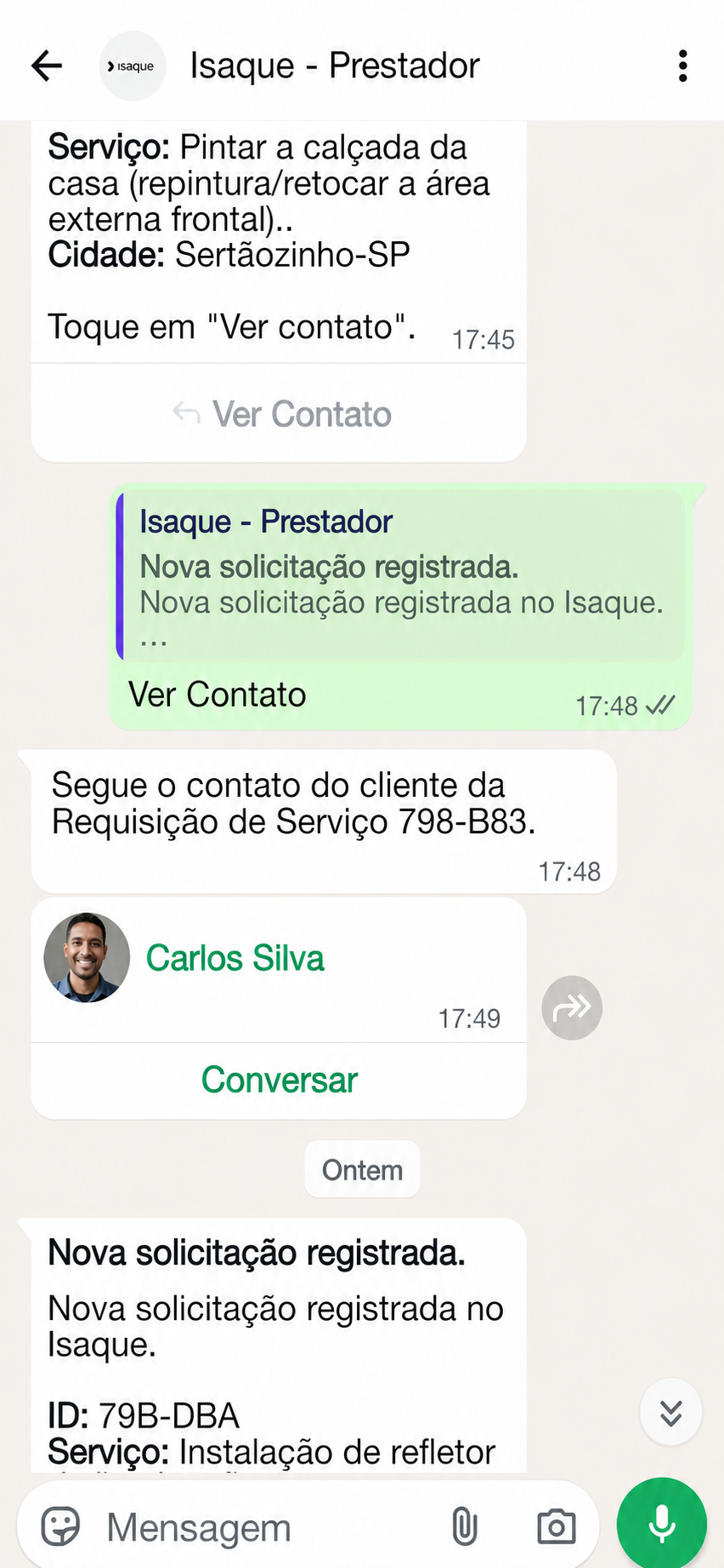 Exemplo do contato do cliente recebido pelo WhatsApp do Isaque